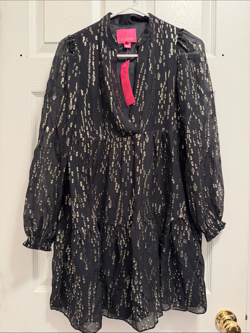 Lilly Pulitzer Silk Black Long-Sleeve Tiered Dress with Gold Metallic Print